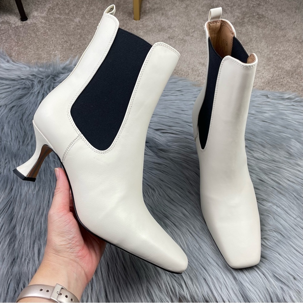 New Sam Edelman Lani Square Toe Chelsea Kitten Heel Boots in Ivory Leather - Picture 2 of 8